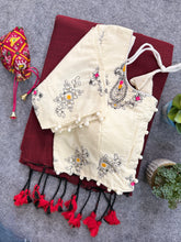 Marun Handloom Cotoon Saree With Embrodry Work Stitched Blouse